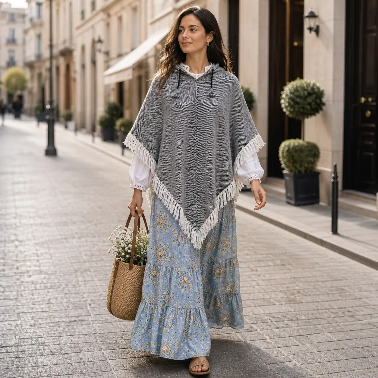 Vrouw draagt grijze poncho op blauwe rok-Merani