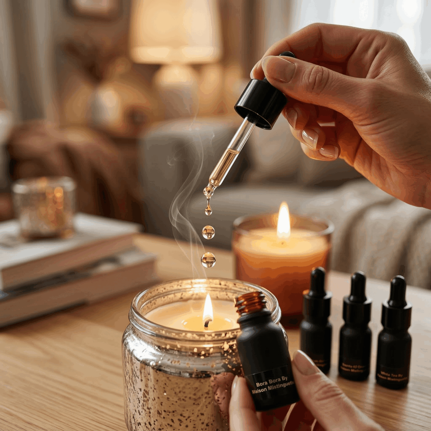 Druppels geurolie vallen uit een pipet om hete wax van geurkaars te parfumeren-1-Merani