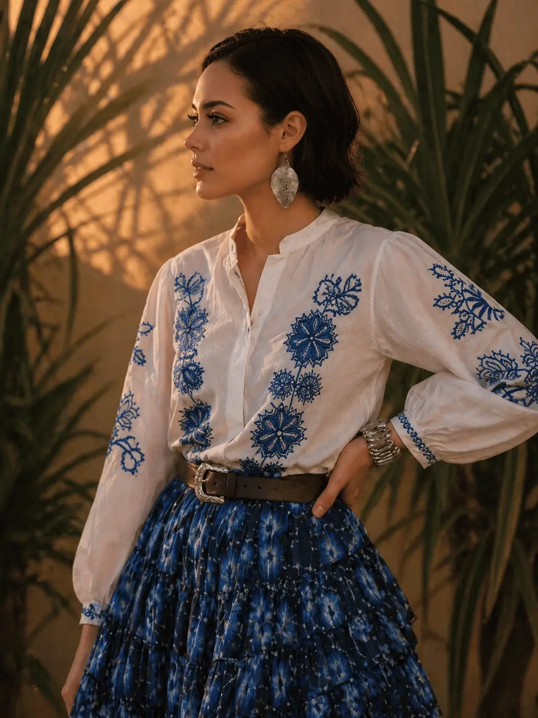 Model draagt Dahlia blouse met blauwe rok-1-Merani