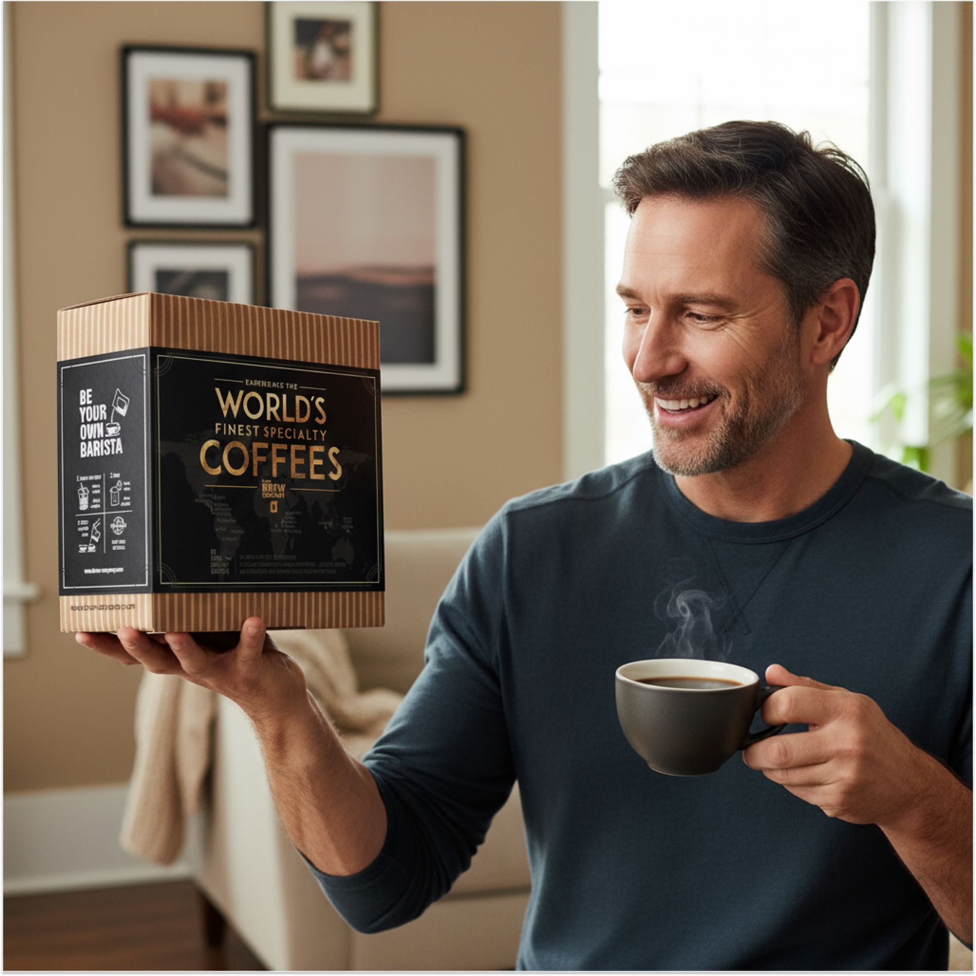 Man houdt geschenkverpakking koffie vast